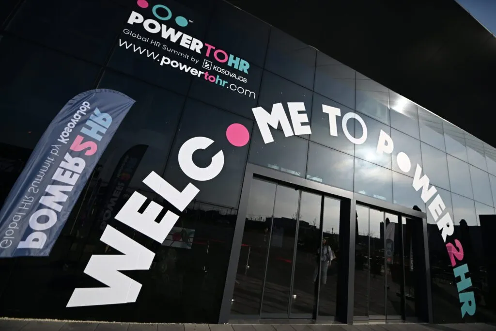 The entrance to Power2HR, the Global HR Summit by KosovaJob, lettered “Welcome to Power2HR”