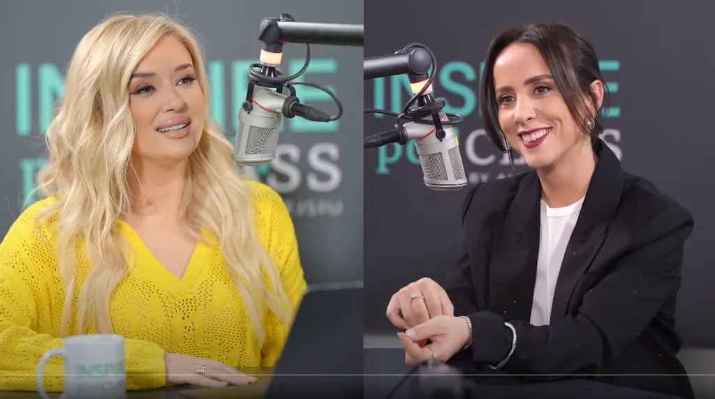 Hana Qerimi, right, and the host of Inspire PodClass at the studio microphones