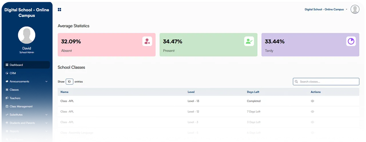 School administration dashboard with attendance summaries, class levels and access to CRM, teachers, students, parents and reports; earlier Digital School branding