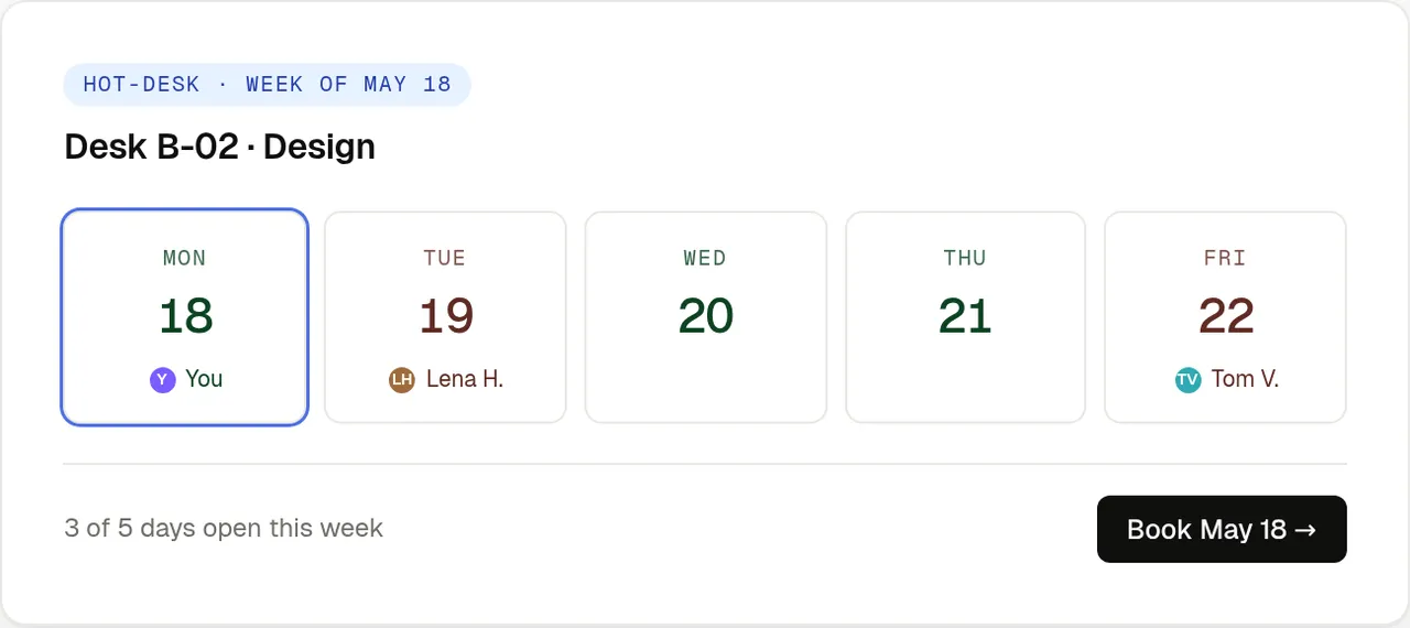 Weekly hot-desk booking view with available and reserved days, using sample data