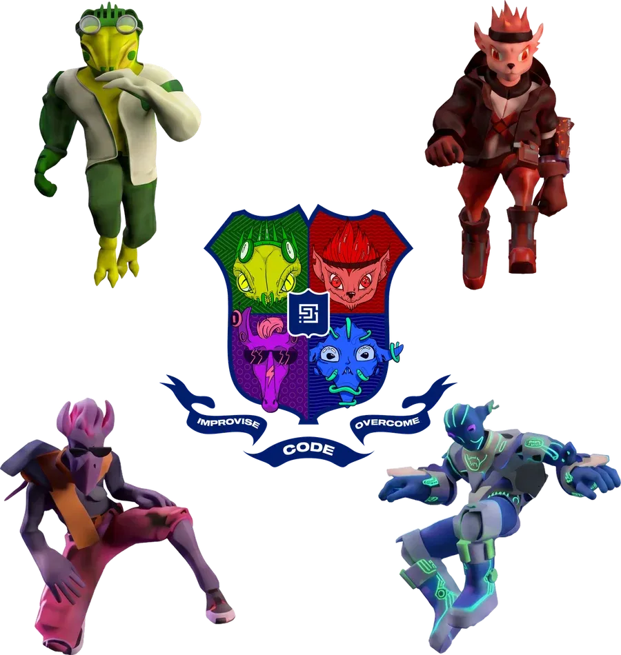 Four Ave EdPlay characters surrounding their shared crest