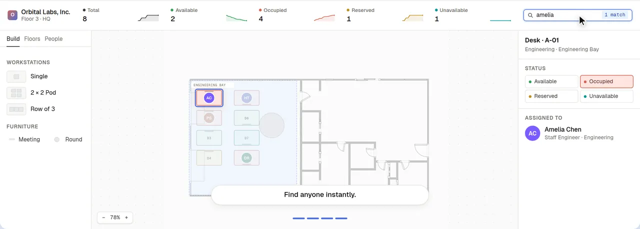 DeskMap layout editor showing the floor plan and workspace editing controls