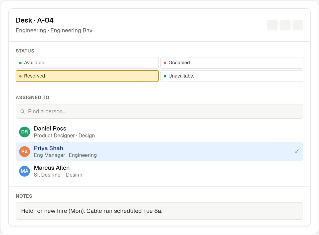 AveSeat digital workspace record with desk availability, employee assignment and operational notes