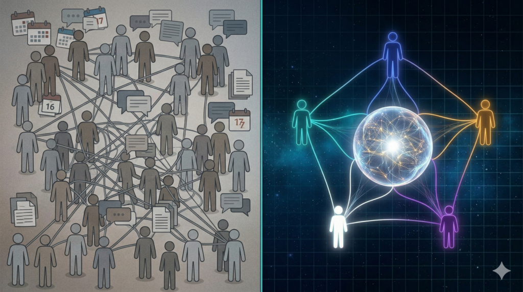 Traditional dev team chaos vs Constellation Teams with AI hive